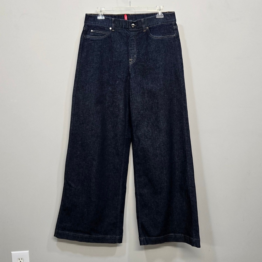 SPANX Wide Leg Jeans Women XL Dark Wash High Rise Raw Indigo Pull On Stretch